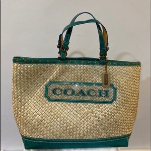 Coach straw tote with patent leather accents